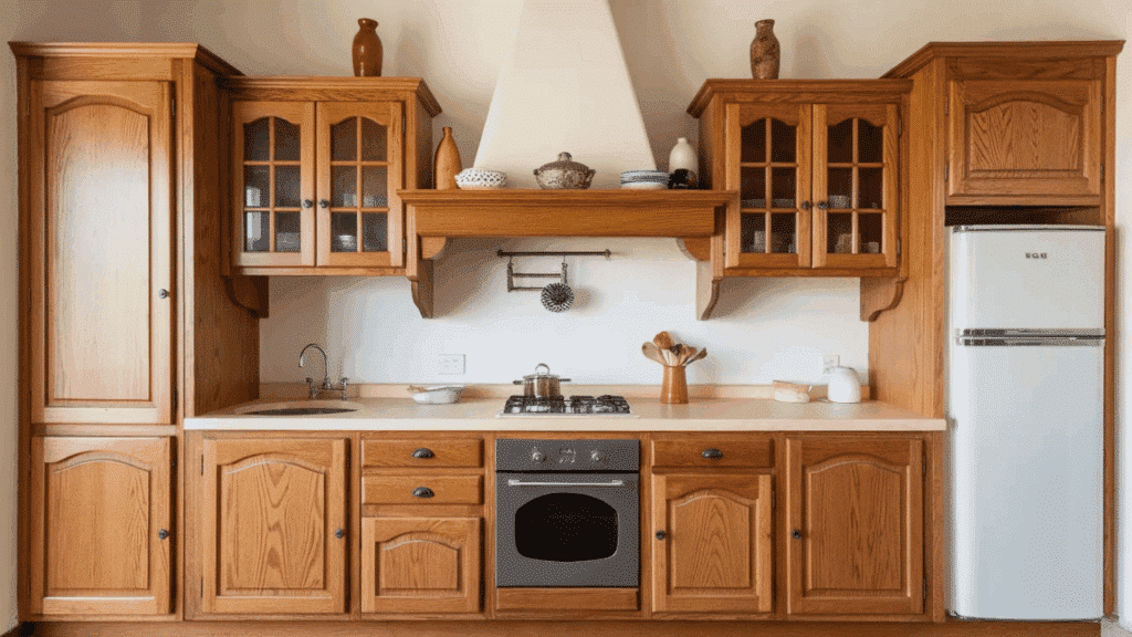 _kitchen with oak cabinets, a gas stove, and a minimalist setup, featuring traditional wooden shelving and ceramic decor.