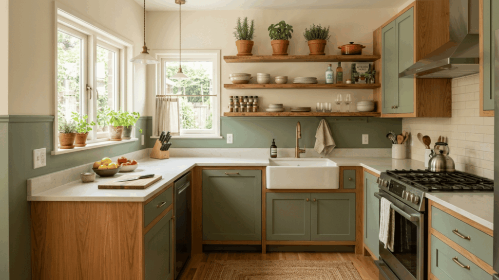 kitchen with sage green lower wall and cream upper wall decorated with terracotta pots and wooden shelves