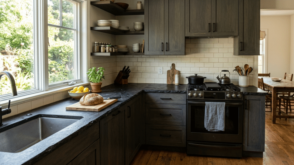 kitchen with slate countertop, dark matte surface, natural stone texture, and practical minimal design