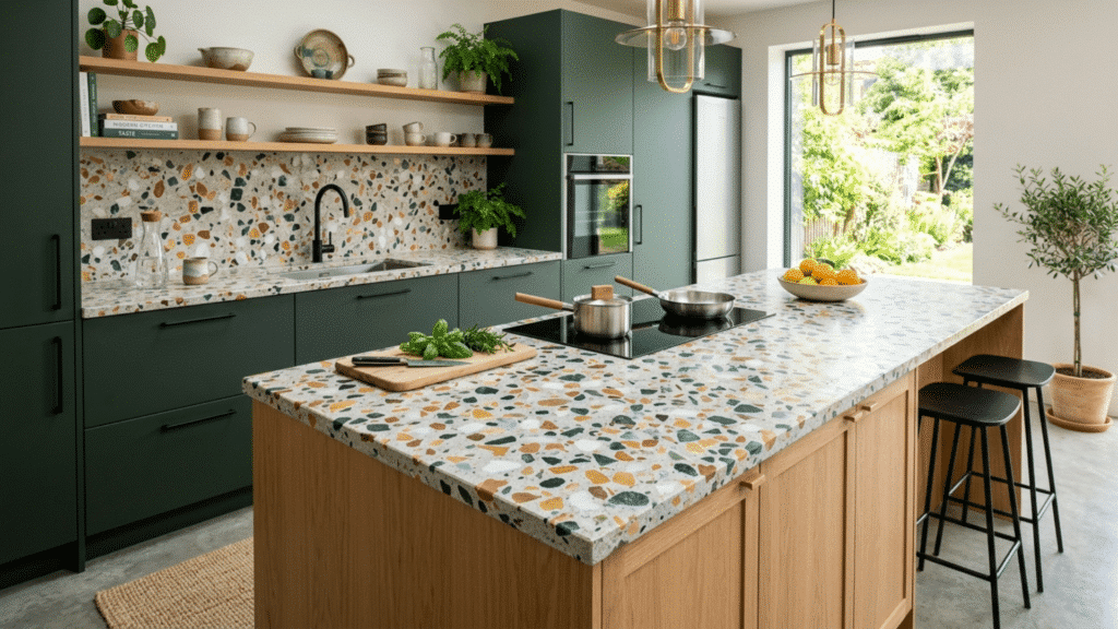 kitchen with terrazzo countertop, mixed stone chips, modern cabinetry, and unique colorful speckled surface