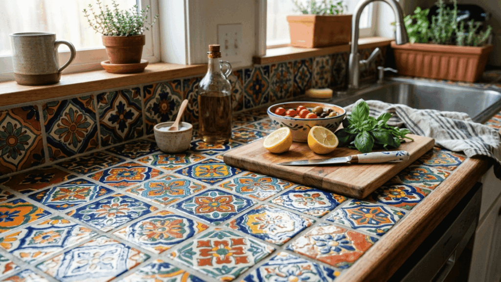 kitchen with tiled countertop, colorful patterns, visible grout lines, and decorative design with vibrant details