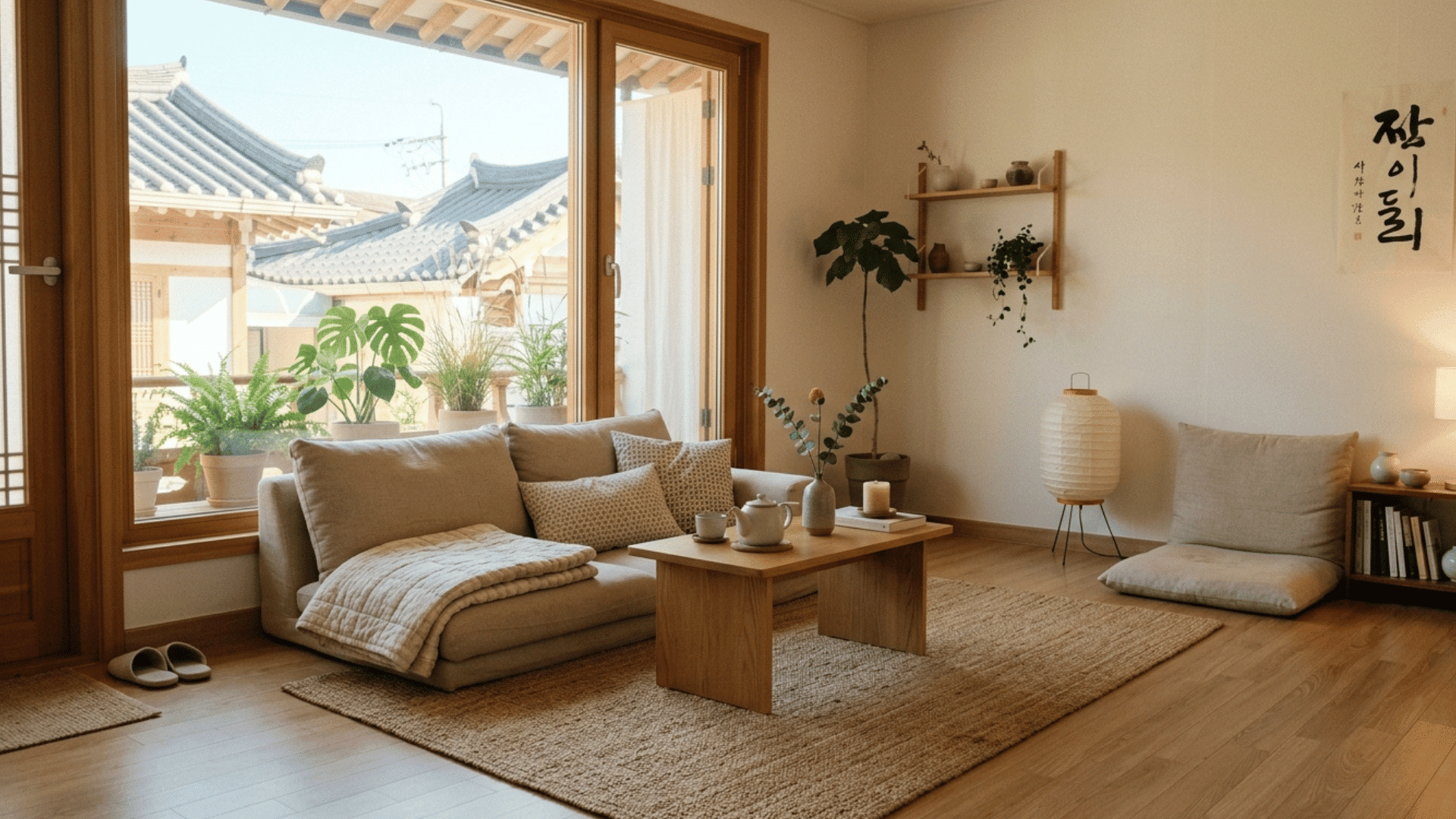 korean-style living room with low seating, soft tones, and minimal decor.