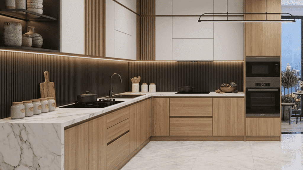 l shaped modular kitchen layout with smooth workflow zones and ample cabinet storage for small to medium homes