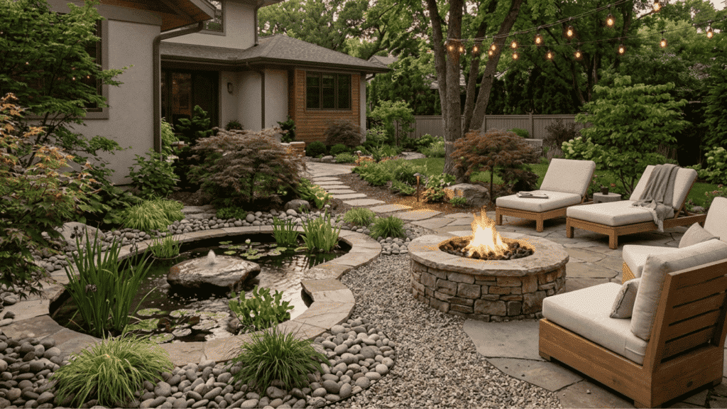 landscaped backyard with pond water feature stone fire pit patio seating modern outdoor furniture garden lighting trees