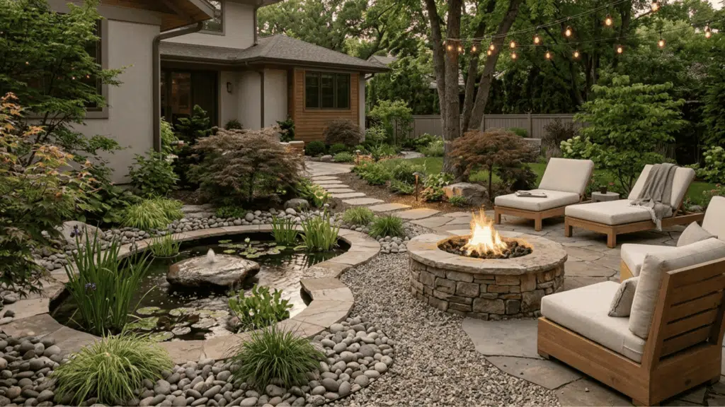 landscaped backyard with pond water feature stone fire pit patio seating modern outdoor furniture garden lighting trees