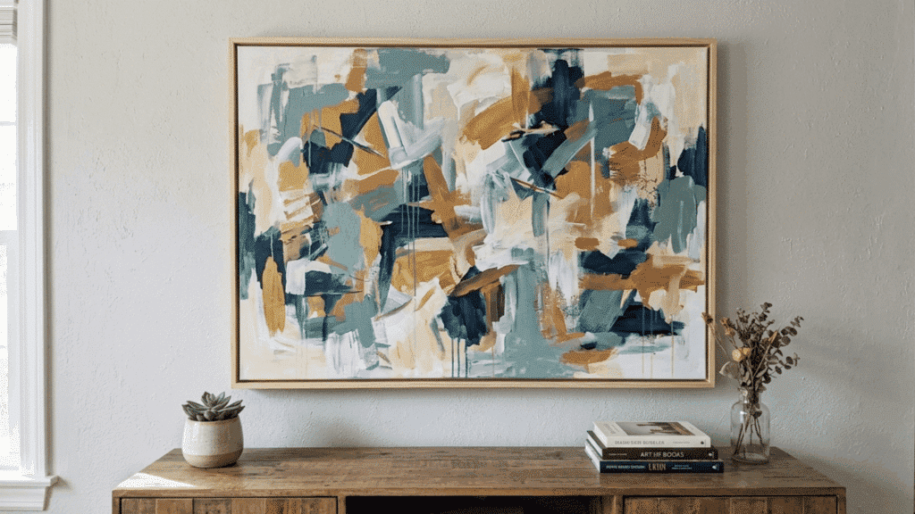 large abstract canvas painting with bold brush strokes in modern neutral tones.