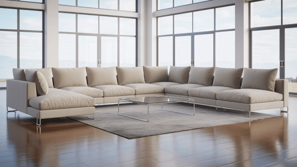 large beige L-shaped sectional in a bright open living room with floor-to-ceiling windows