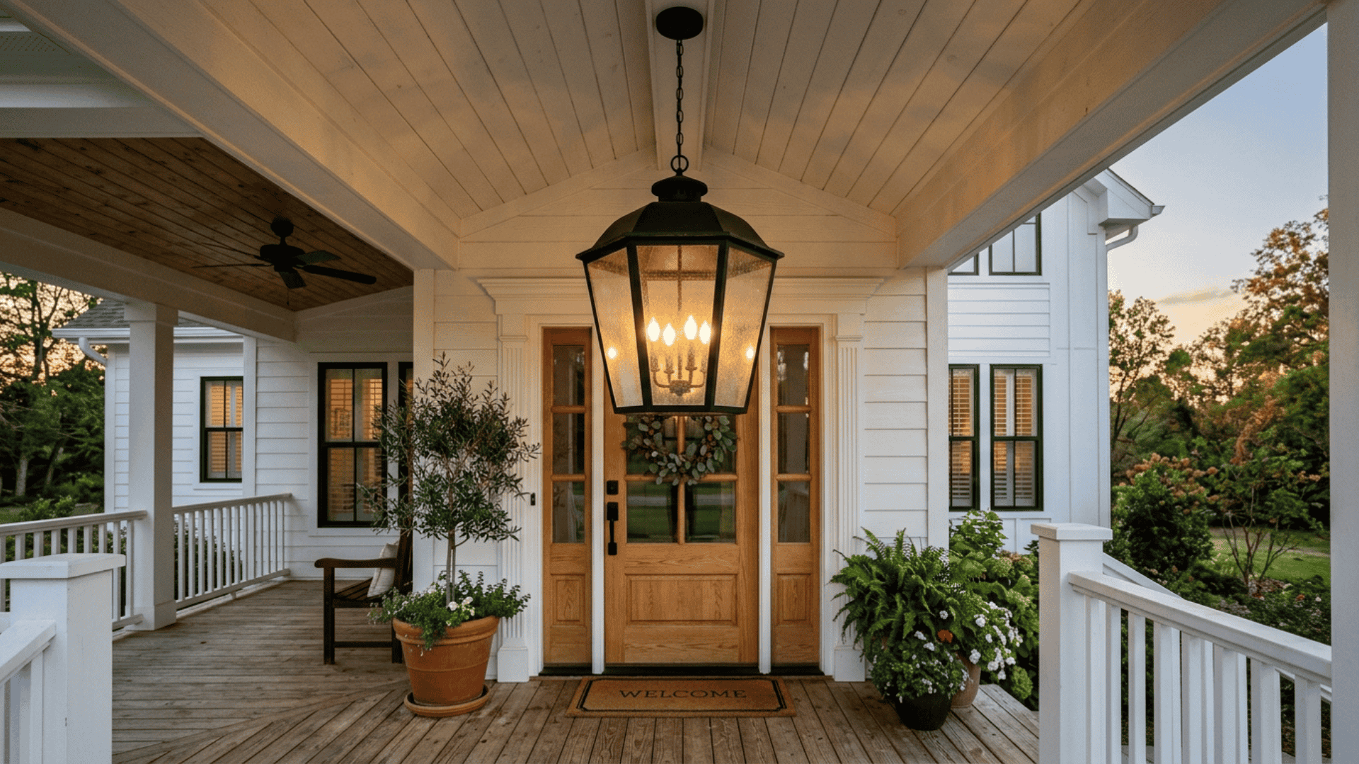 large black metal lantern pendant hanging from white farmhouse porch ceiling above front entry at evening