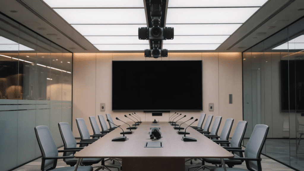large boardroom with long table chairs and big presentation screen in formal office setting with modern design