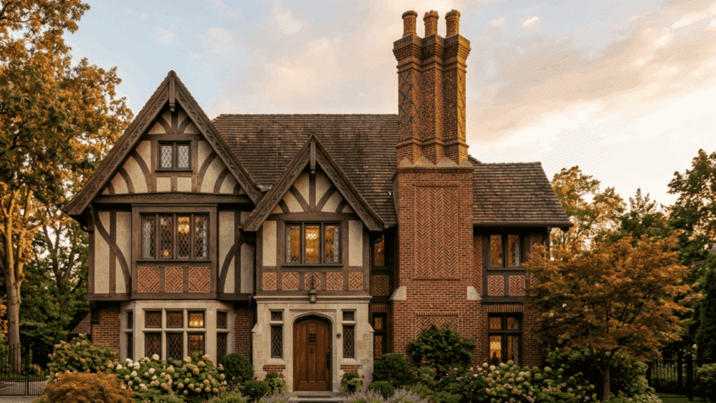 large decorative chimney on tudor revival house with detailed brickwork and steep roof