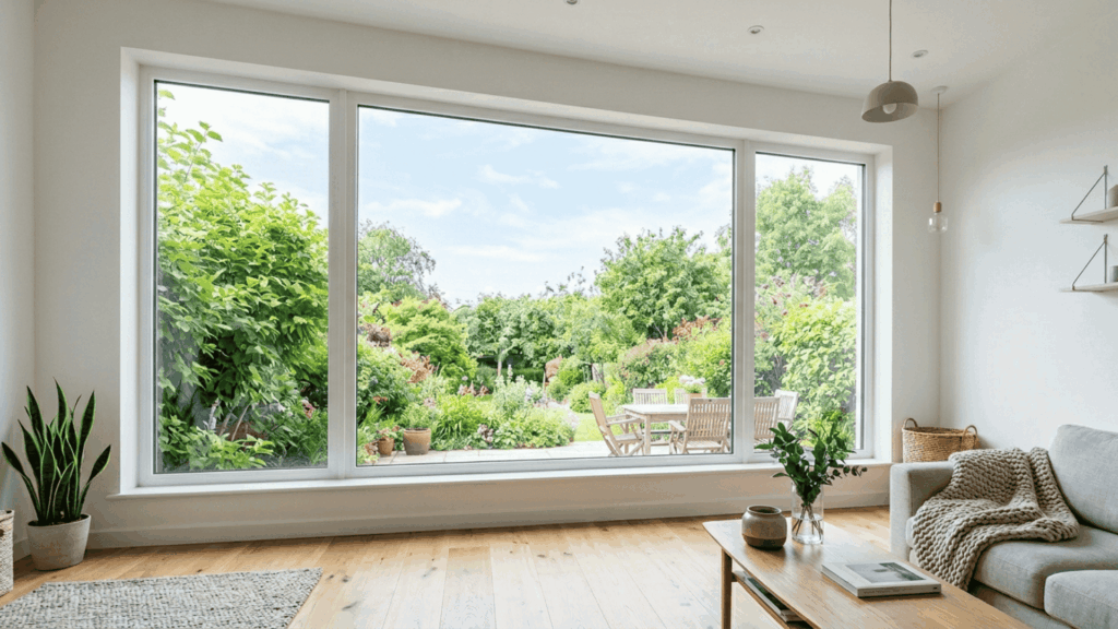 large fixed pvc window allowing natural light into a clean and modern interior living space