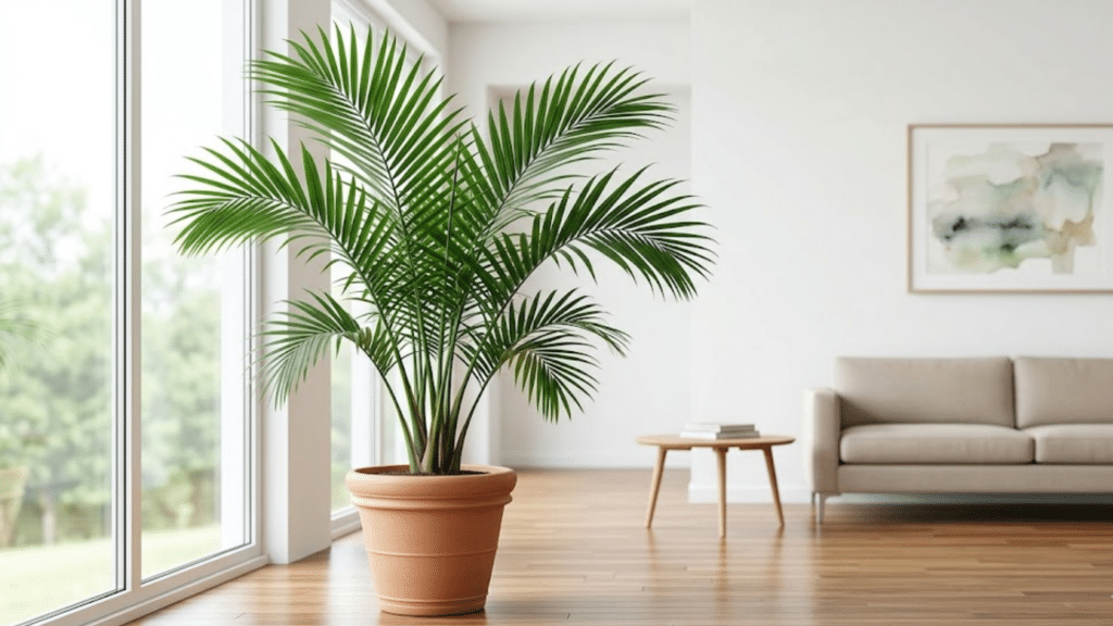 large indoor palm in terracotta pot placed near window in bright living room with sofa and minimal decor in background