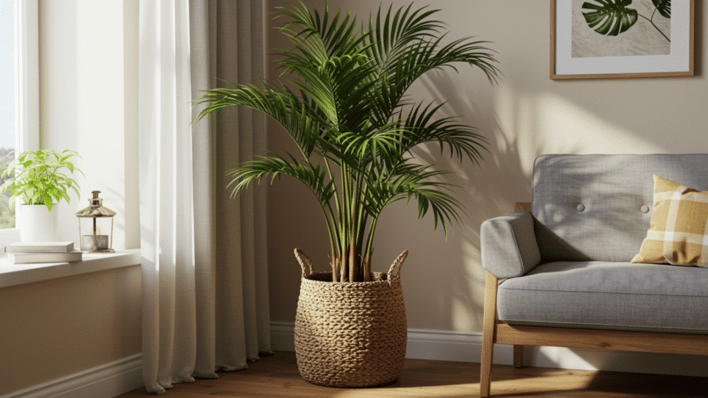 large indoor palm in woven basket beside sofa, bright natural light, neutral decor, and airy living space
