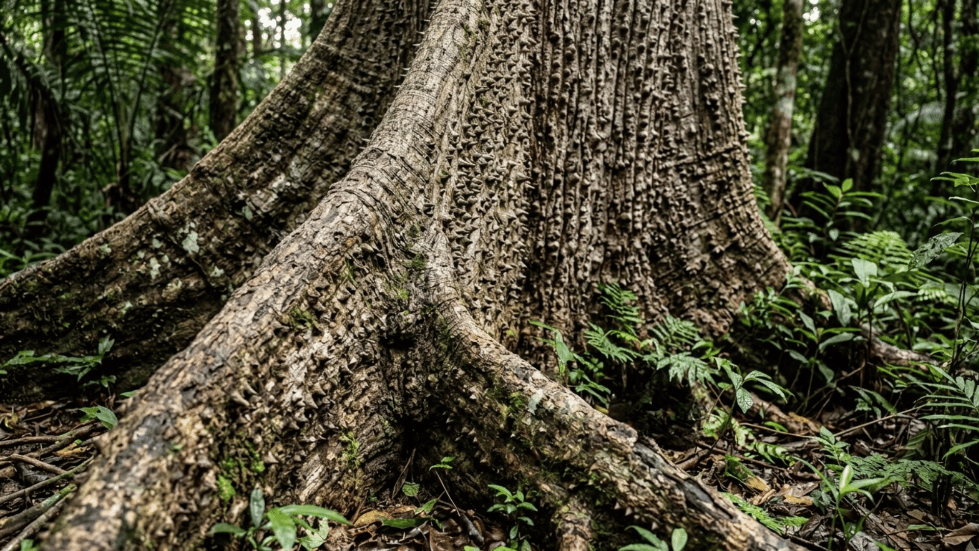 large kapok tree with thick buttress roots in a tropical rainforest.