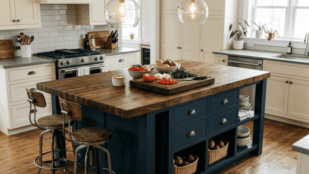 large kitchen island with dark base, butcher block top, drawers, and seating stools.