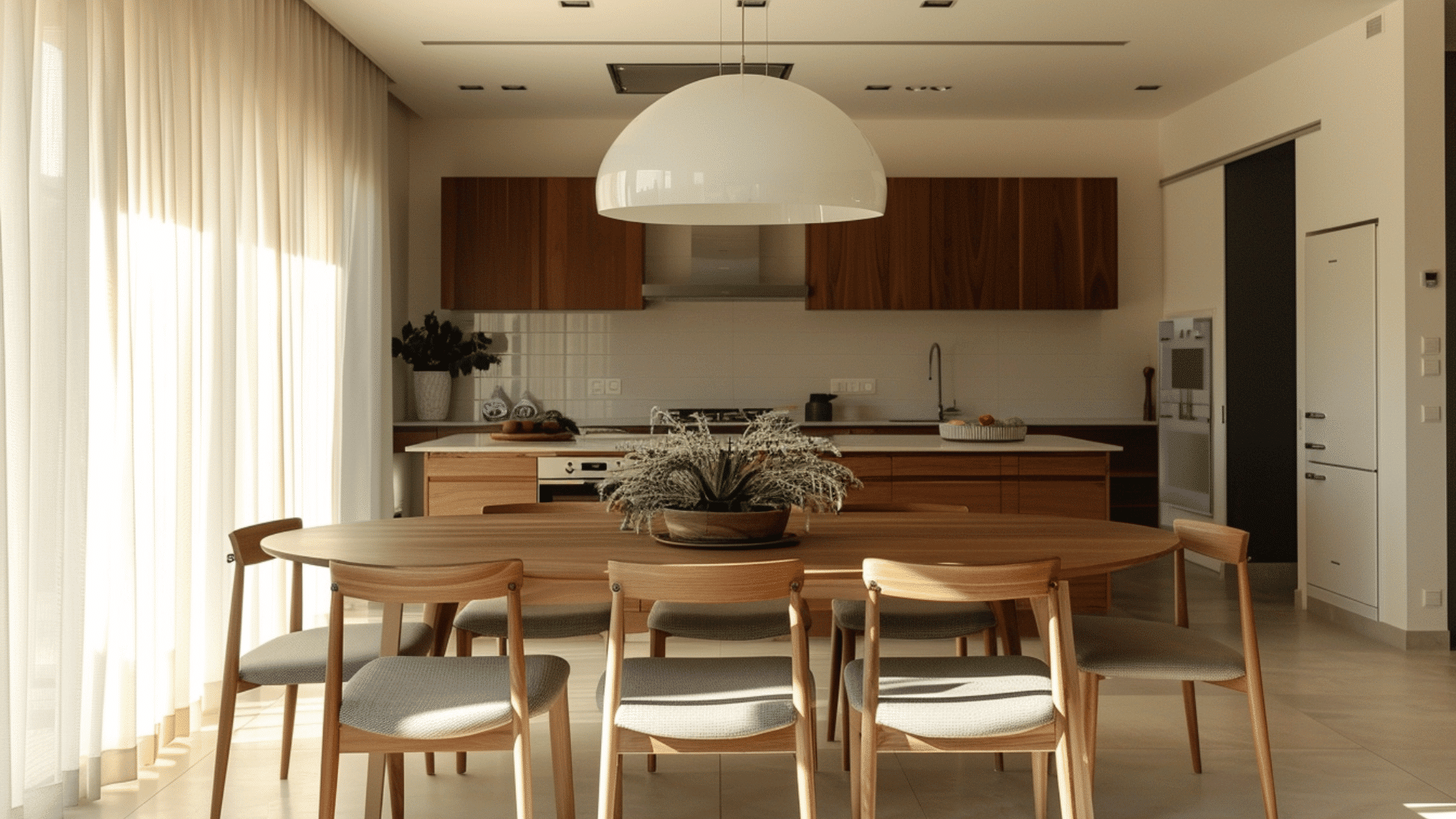 large pendant light centered above dining table with warm glow in a clean modern dining space (1)