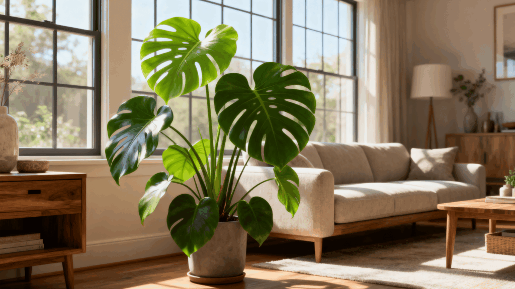 large philodendron plant in a sunlit living room with modern sofa, wooden furniture, and bright window light
