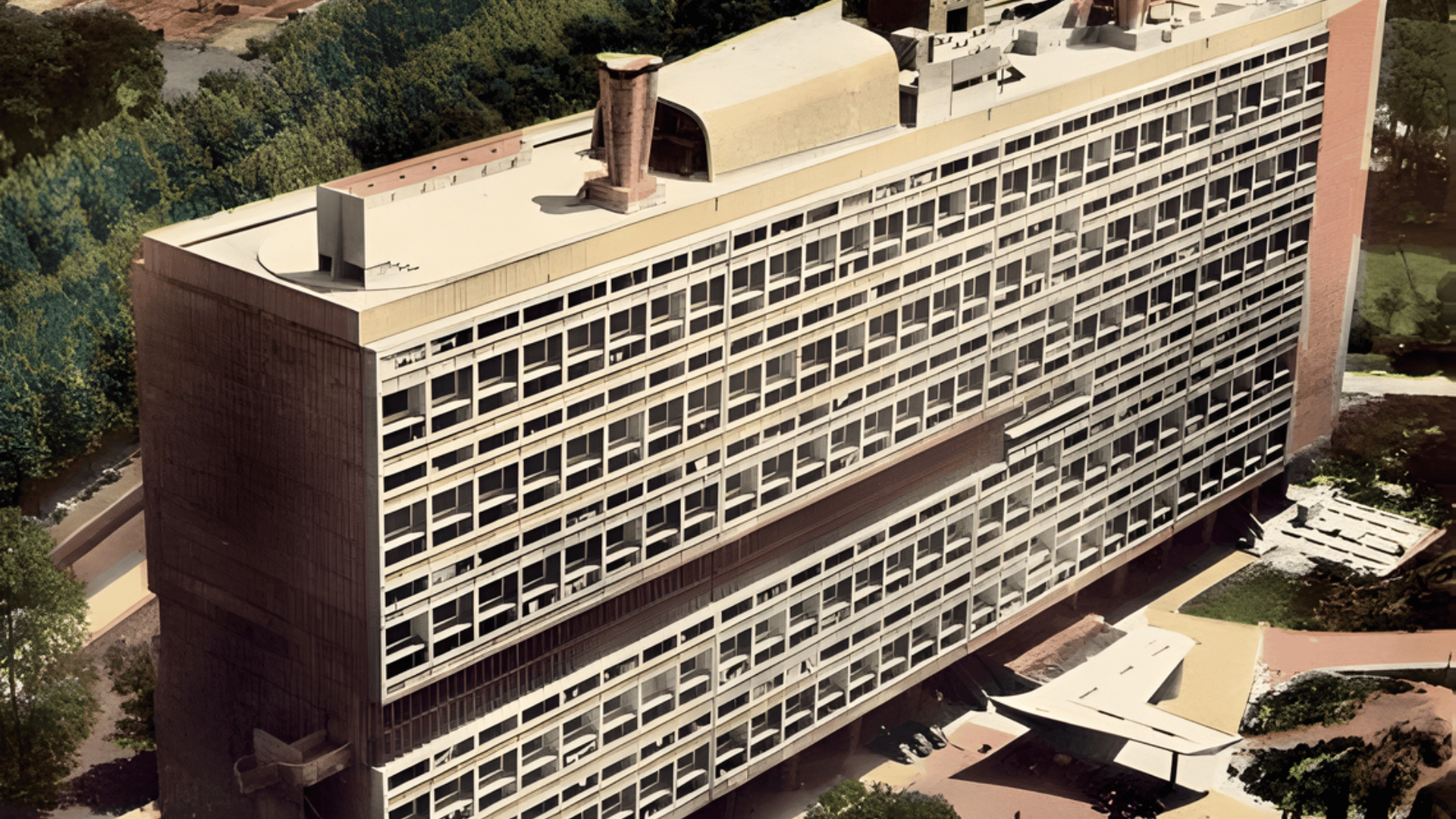 large rectangular Brutalist building with grid-like windows, rooftop structures, and surrounding greenery viewed from above