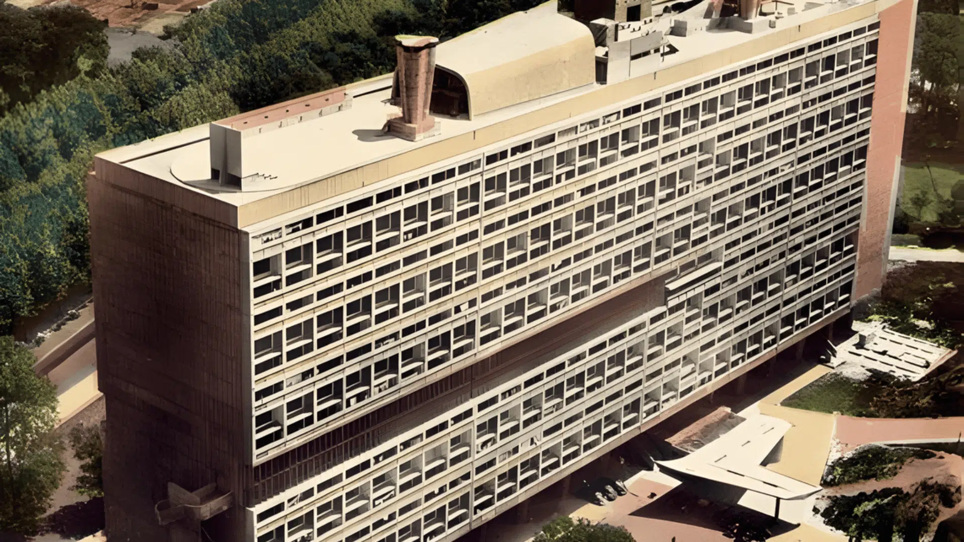 large rectangular Brutalist building with grid-like windows, rooftop structures, and surrounding greenery viewed from above