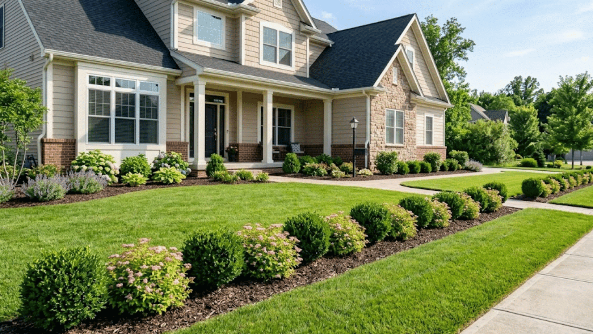 large suburban home with manicured lawn trimmed shrubs and tidy flower beds lining the walkway and front yard