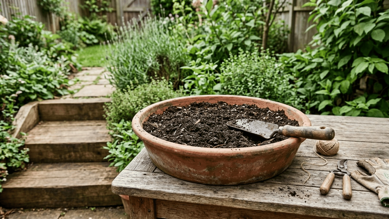 large terracotta planter filled with fresh soil on a wooden table in a garden, surrounded by tools, seeds, and greenery in background