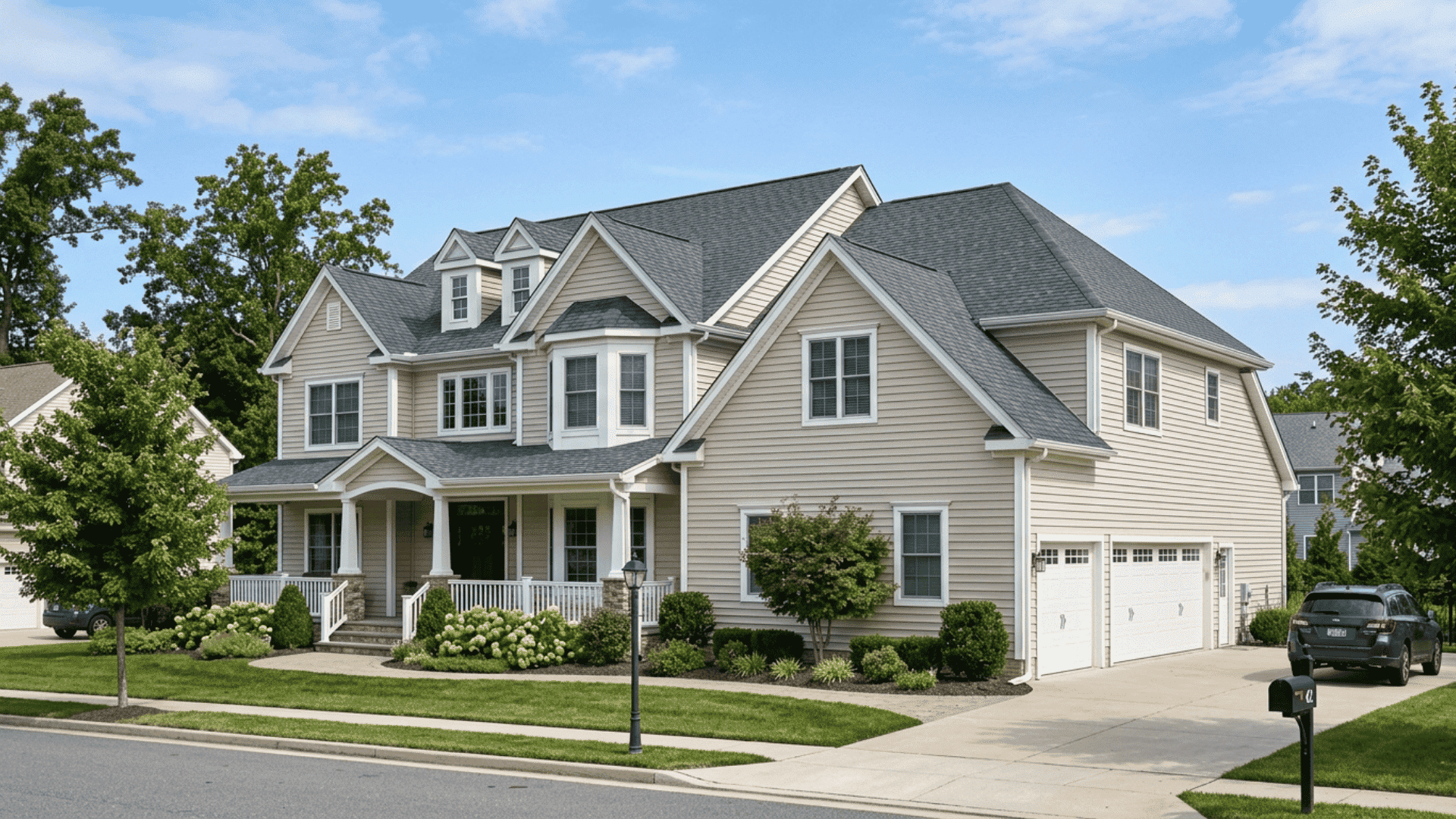 large two-story home exterior showing total wall surface area for vinyl siding installation
