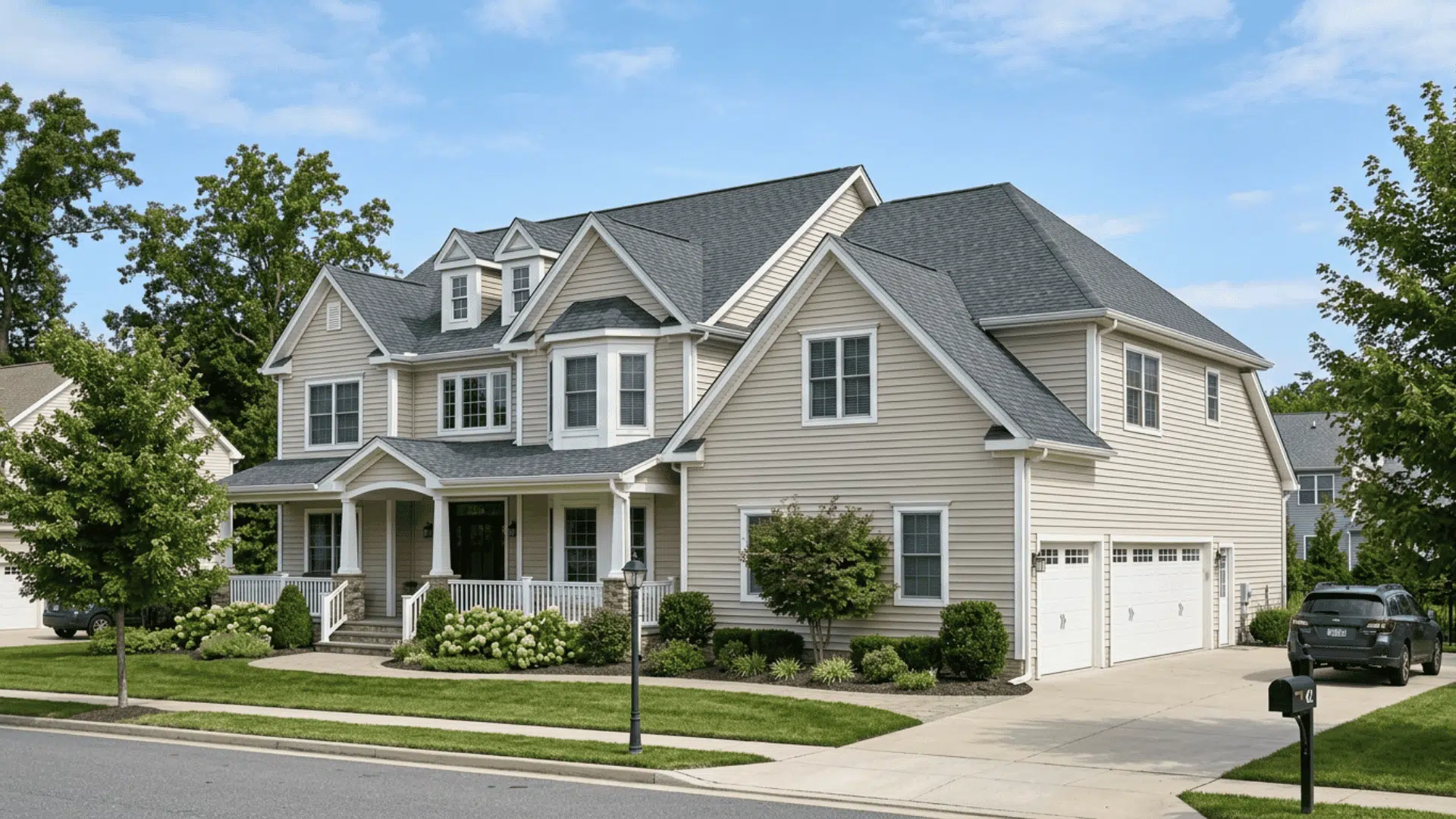 large two-story home exterior showing total wall surface area for vinyl siding installation