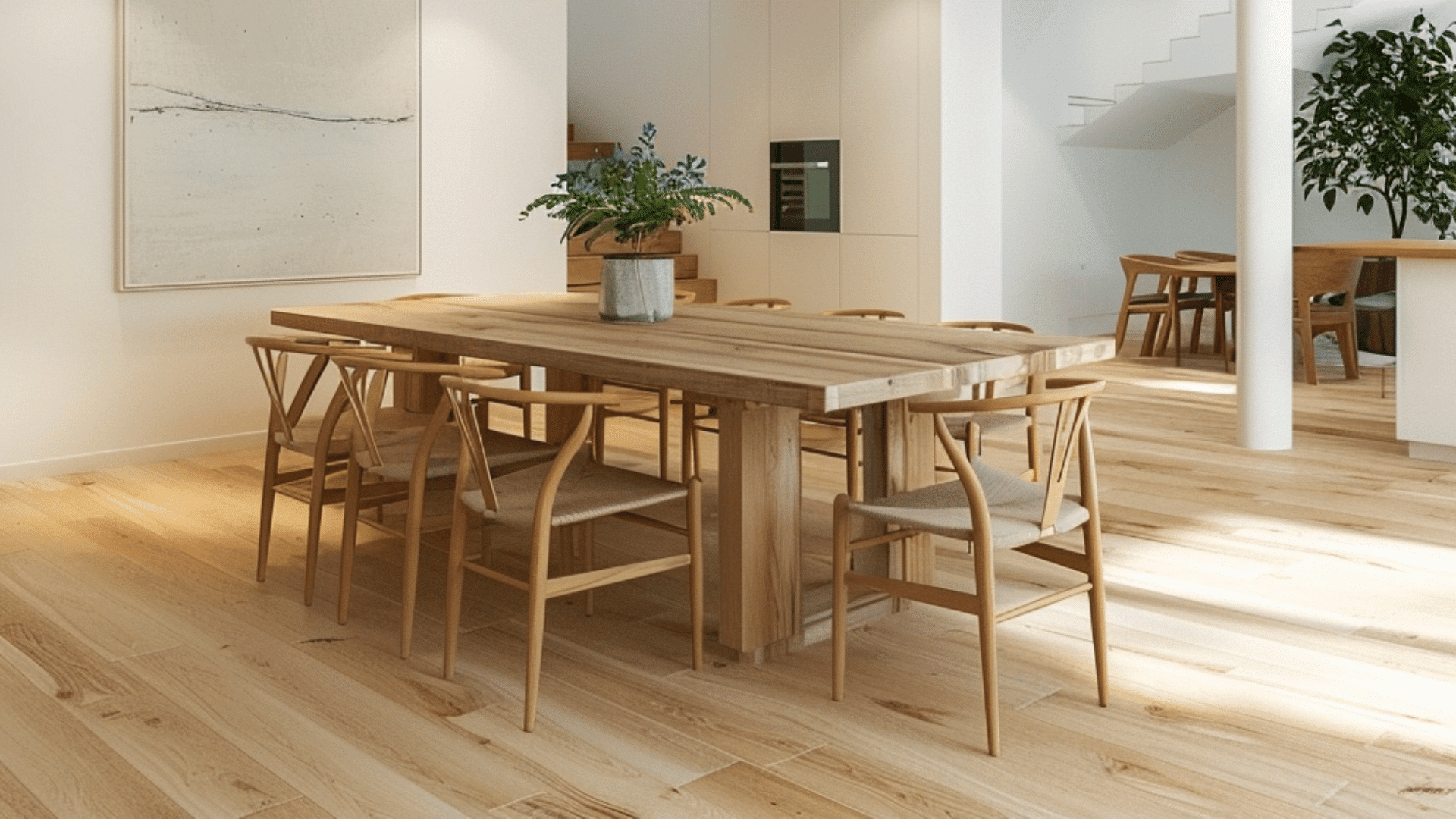 large wooden dining table with chairs in a clean dining room, wide view, empty surface, natural lighting