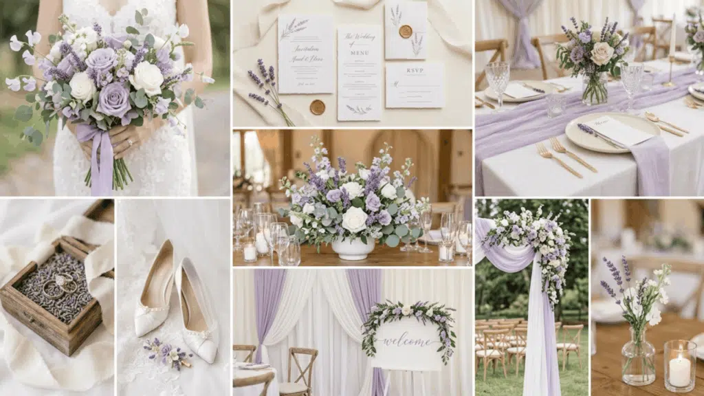 lavender and white wedding color scheme collage with soft florals table setup and stationery