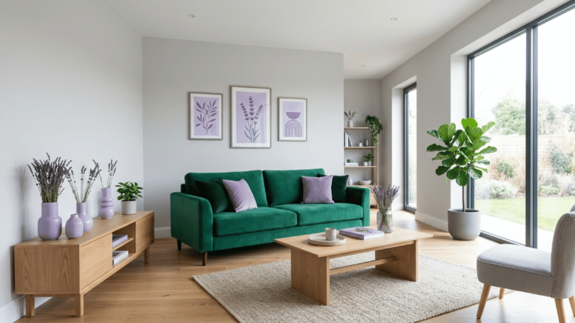 lavender decor accents with emerald green sofa in wide view modern living room with natural light