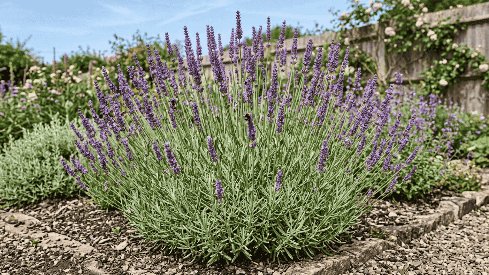 lavender shrub with tall purple flower spikes above silvery green foliage photographed in a sunny well drained garden bed