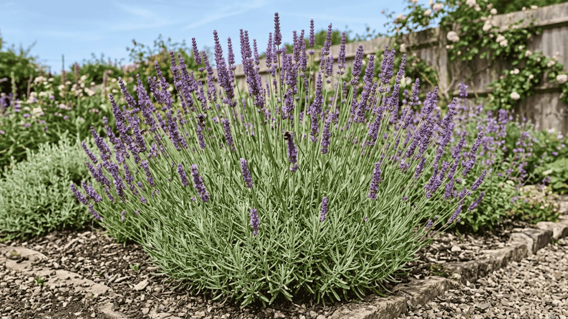 lavender shrub with tall purple flower spikes above silvery green foliage photographed in a sunny well drained garden bed