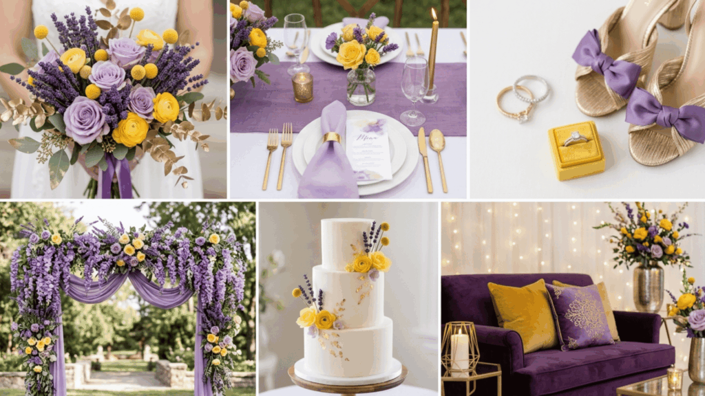 lavender yellow and gold wedding color scheme collage with bright florals table setup and elegant decor
