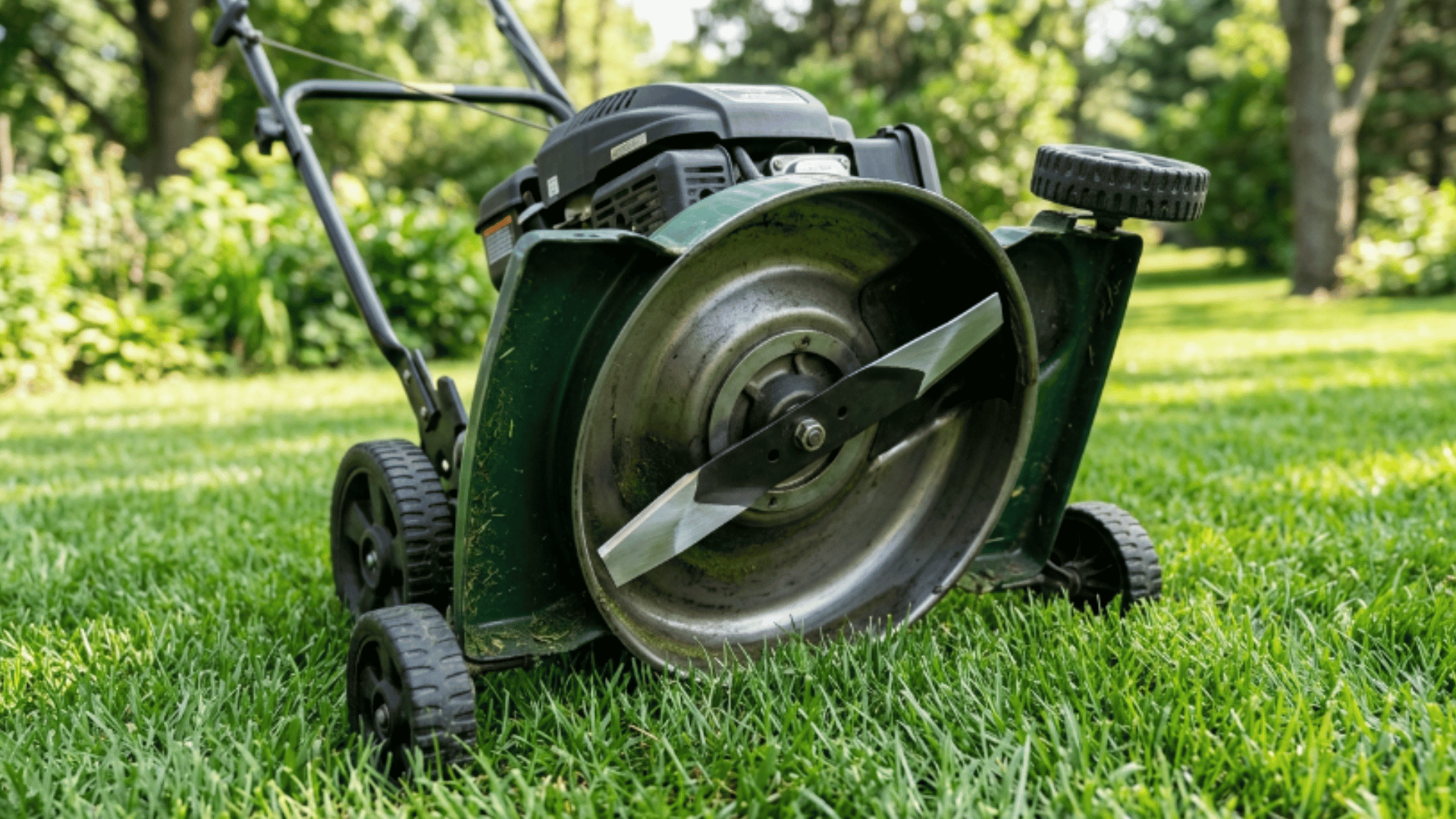 lawn mower on grass with sharp blade visible underneath and lower body holding it steady in outdoor setting