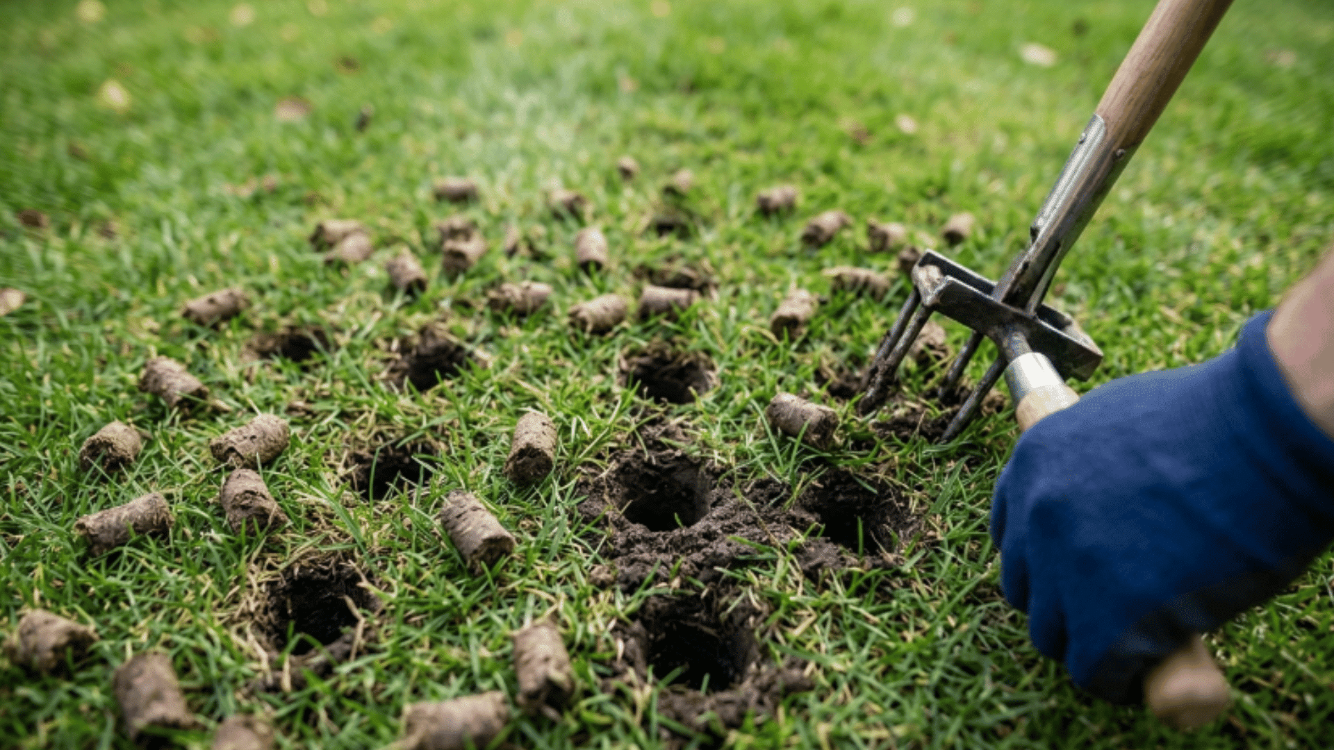 lawn surface with aeration holes and small soil plugs scattered evenly showing improved soil structure