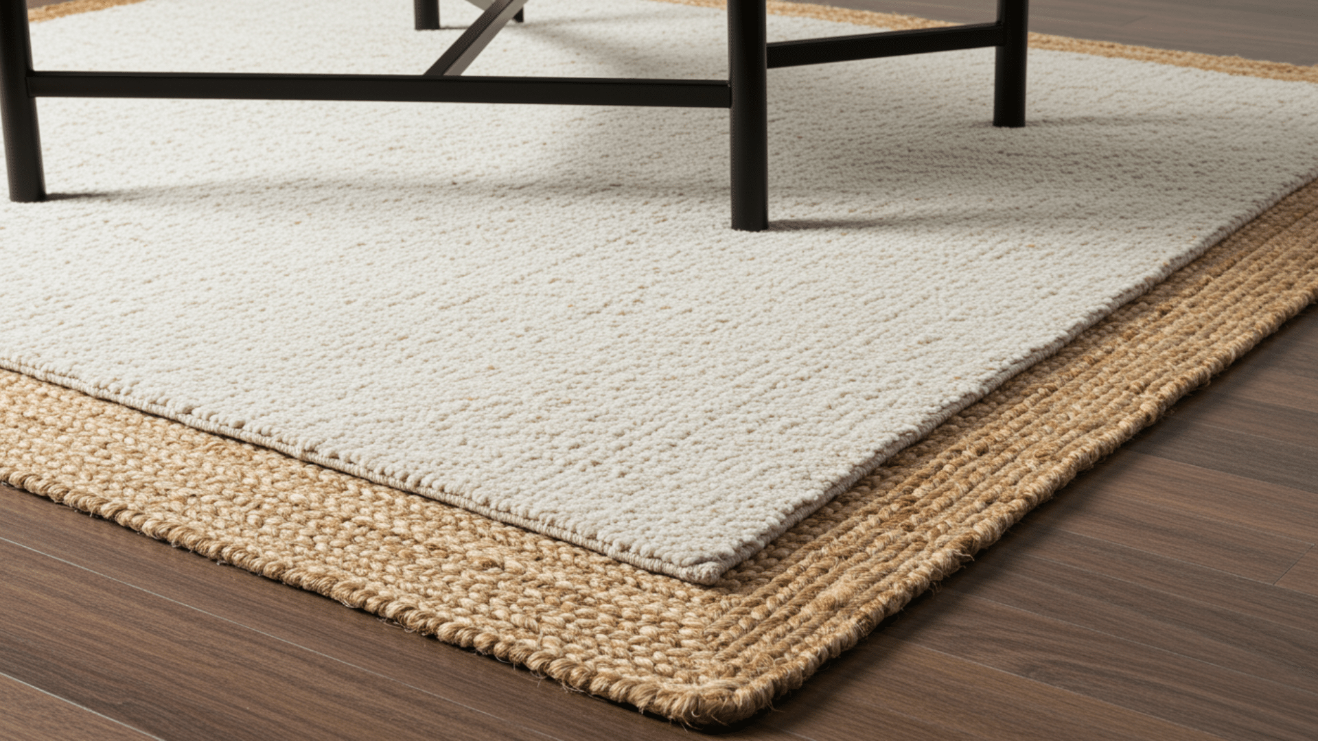 layered area rugs with soft cream top rug placed over woven jute rug on wooden floor beneath black metal table legs in modern room
