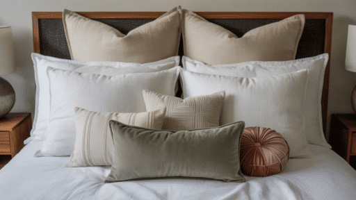 layered bed with Euro shams at the back, standard pillows in the middle, and decorative throw pillows in front creating a balanced arrangement