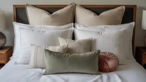 layered bed with Euro shams at the back, standard pillows in the middle, and decorative throw pillows in front creating a balanced arrangement
