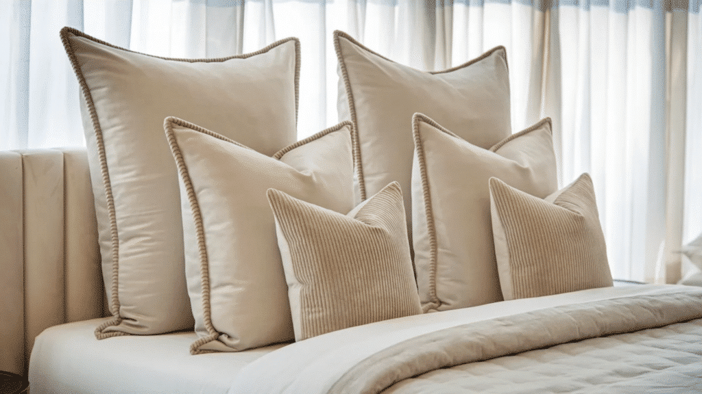 layered bed with large Euro shams at the back and smaller decorative pillows in front, creating a full, structured look