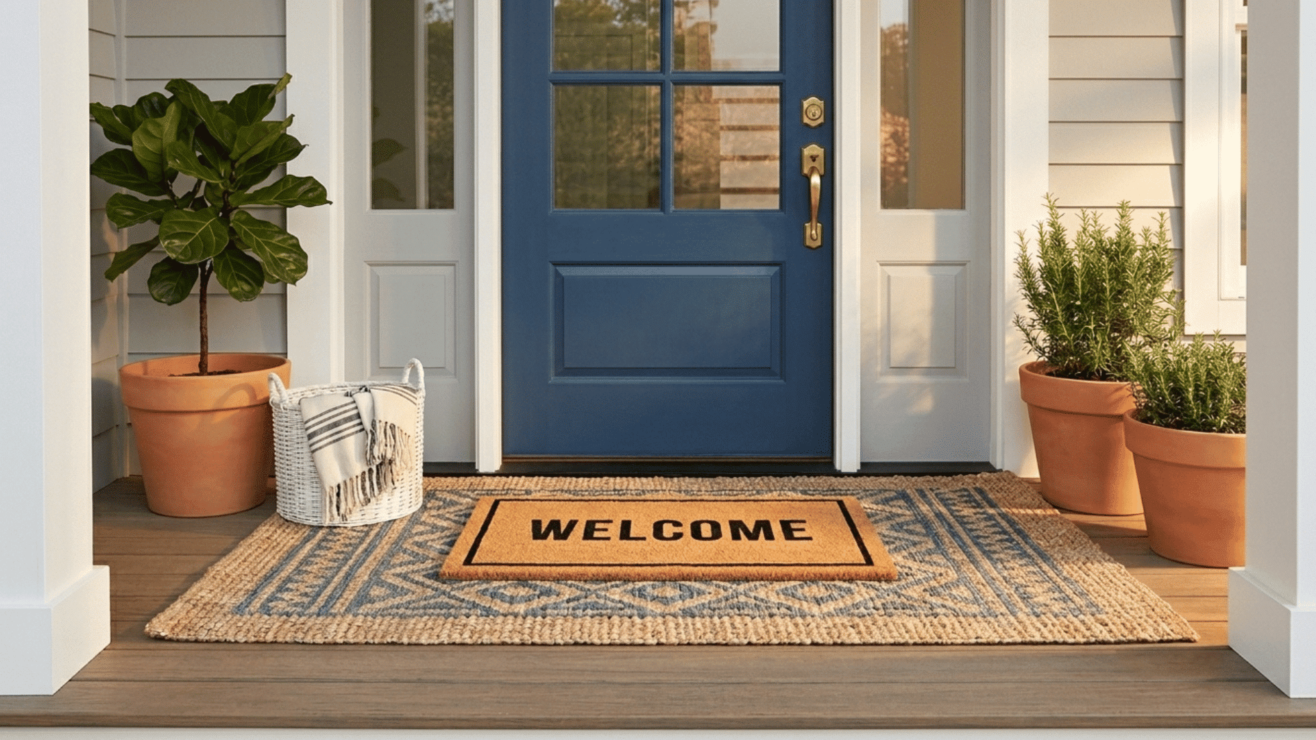 layered doormats with welcome rug and potted plants at entryway.