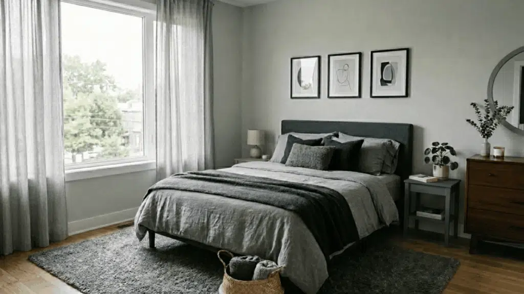 layered monochromatic gray bedroom with light walls, medium bedding, and dark rug in natural daylight