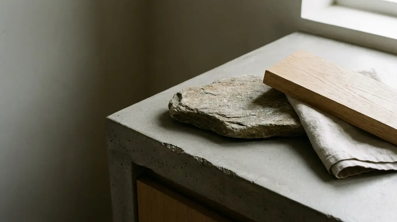 Concrete countertop with a stone slab, wooden plank, and cloth in natural light