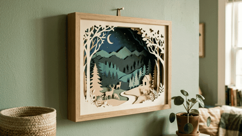 layered paper cut shadow art in a frame showing a forest scene with depth effect.