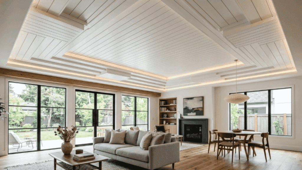 layered shiplap sections add dimension and depth, making the ceiling feel more detailed and visually interesting