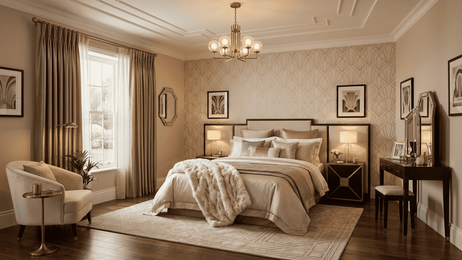 layered silk bedding and faux fur textiles in guest bedroom with soft tones in art deco interior decor