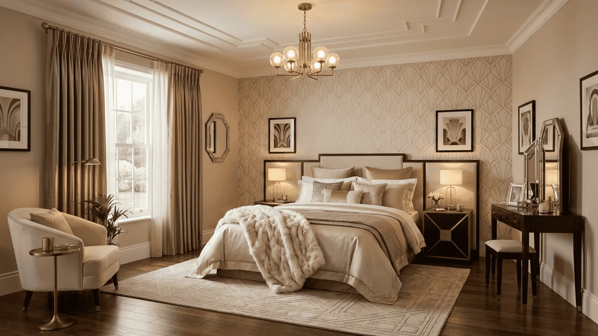 layered silk bedding and faux fur textiles in guest bedroom with soft tones in art deco interior decor