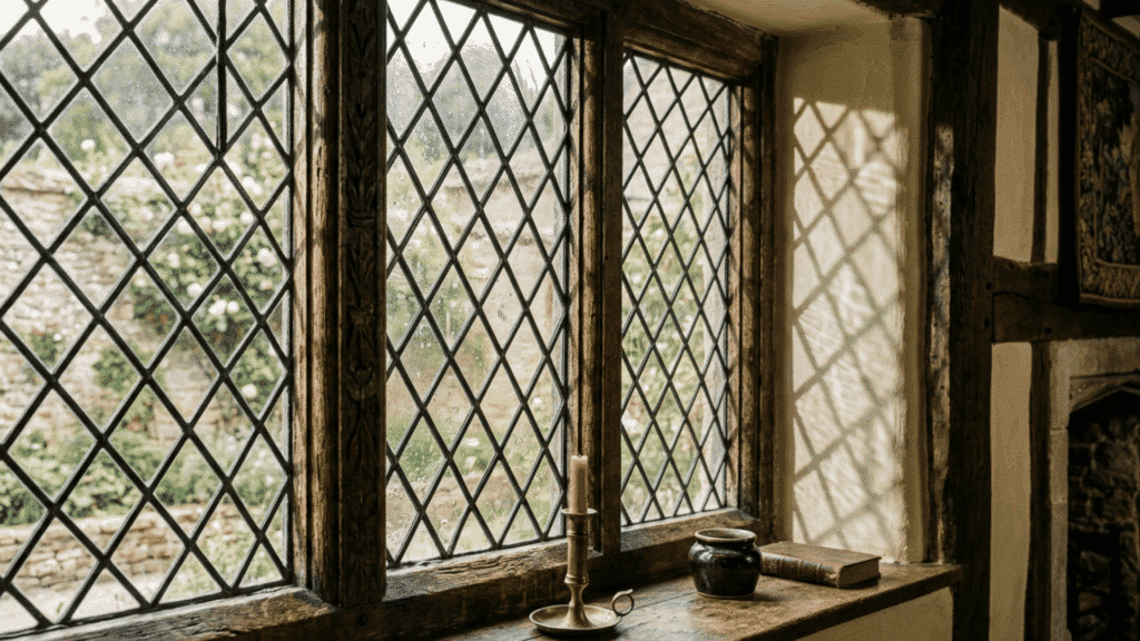 leaded glass window with diamond pattern filtering sunlight in tudor style room