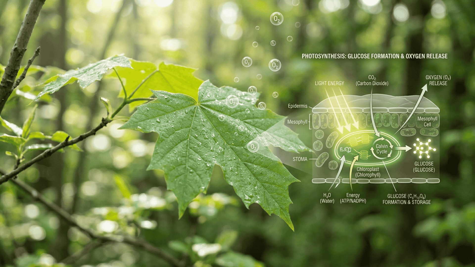 leaf releasing oxygen into air with visual representation of glucose formation during photosynthesis process