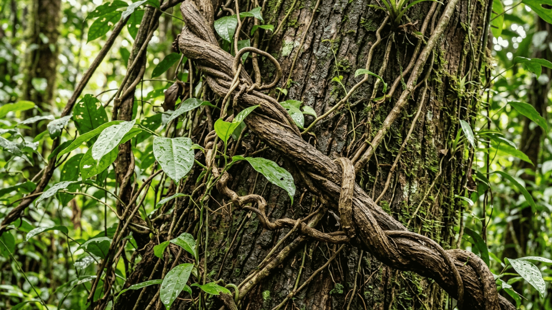 lianas vines wrapped around tree trunk in dense rainforest.