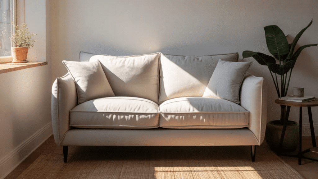 light beige loveseat in a sunlit, cozy room with plants